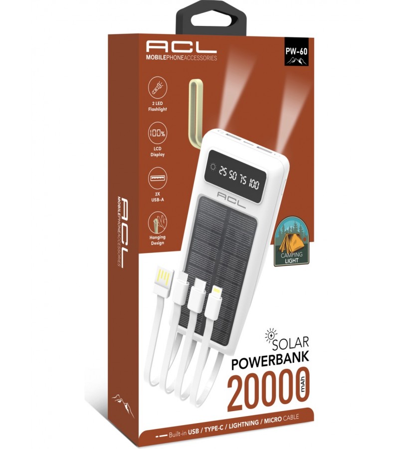ACL PW-60 20.000 mAh Güneş Enerjili (Solar) Powerbank | Dahili 4 Kablolu, El Fenerli ve LED Göstergeli