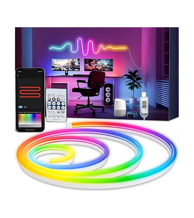 5V Rgb Neon Şerit LED Lamba 5 Metre Kumanda ile Kontrol Sınırsız Renk Tak Çalıştır