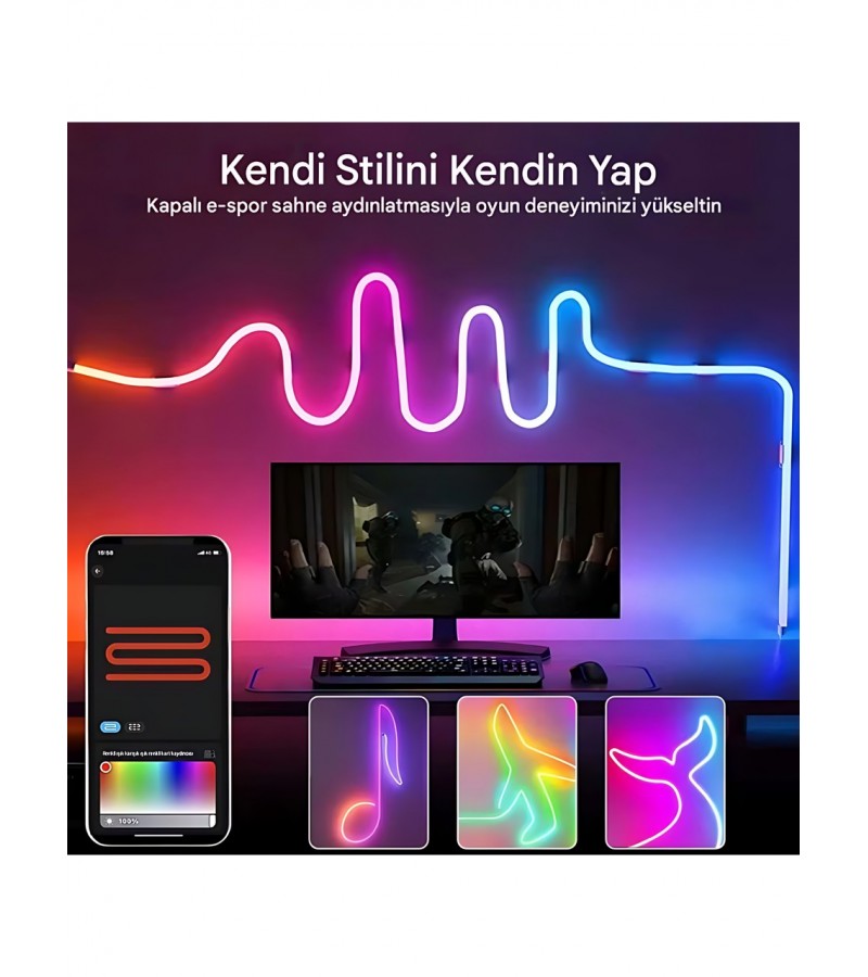 5V RGB Neon Şerit Led Lamba 3 Metre Telefon ve Kumanda ile Kontrol Sınırsız Renk Tak Çalıştır