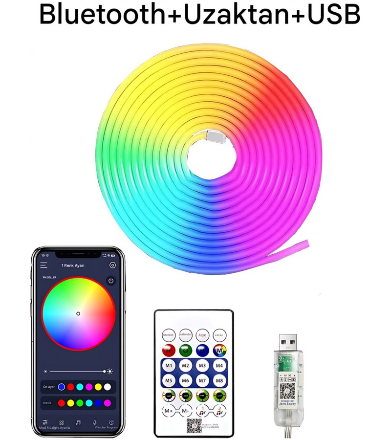 5V Rgb Neon Şerit LED Lamba 5 Metre Kumanda ile Kontrol Sınırsız Renk Tak Çalıştır