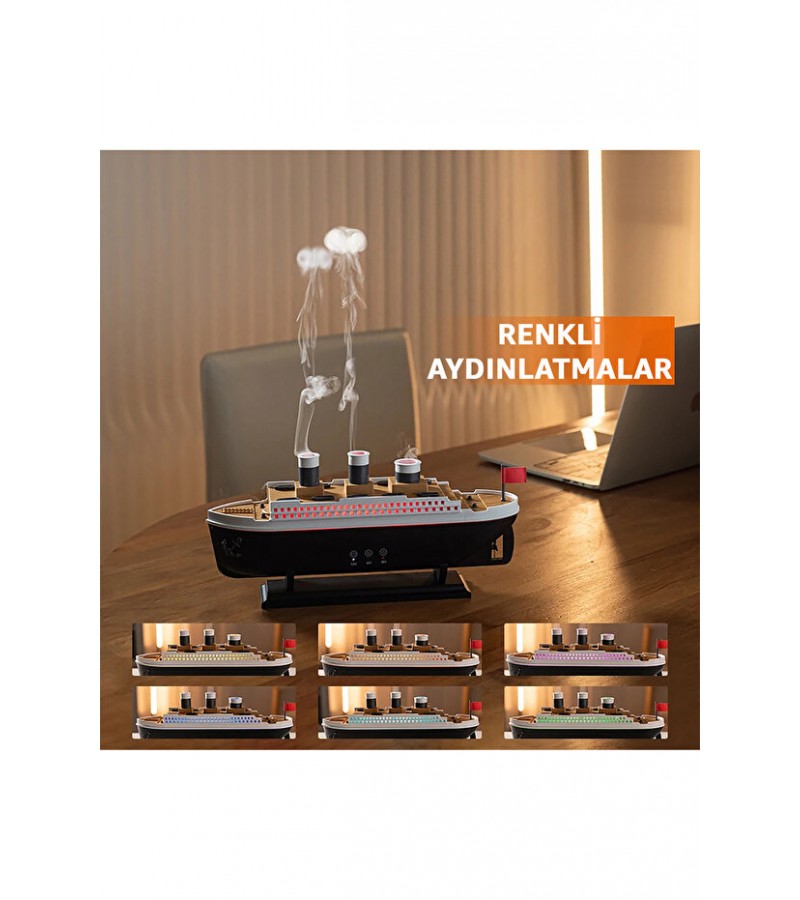 Buharlı Gemi Nemlendirici Hava Nemlendirici Buhar Makinesi Aromaterapi Difüzörü - Led Işıklı