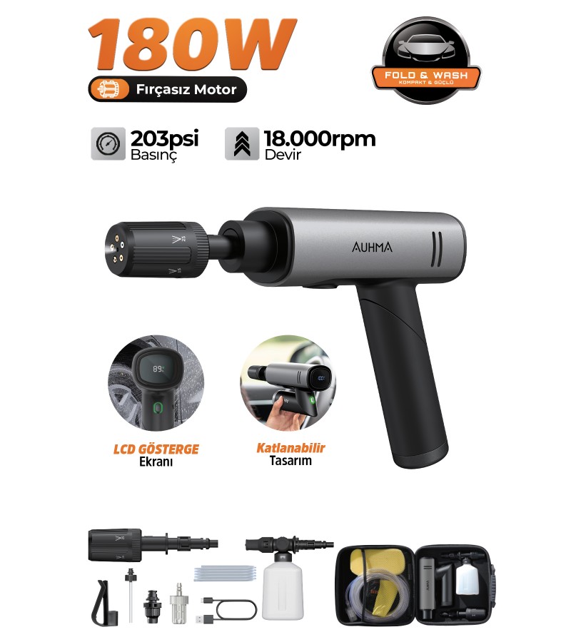 ACR-09 180W Fırçasız Şarjlı Basınçlı Yıkama Makinesi – Katlanabilir Kablosuz Oto Yıkama Tabanca