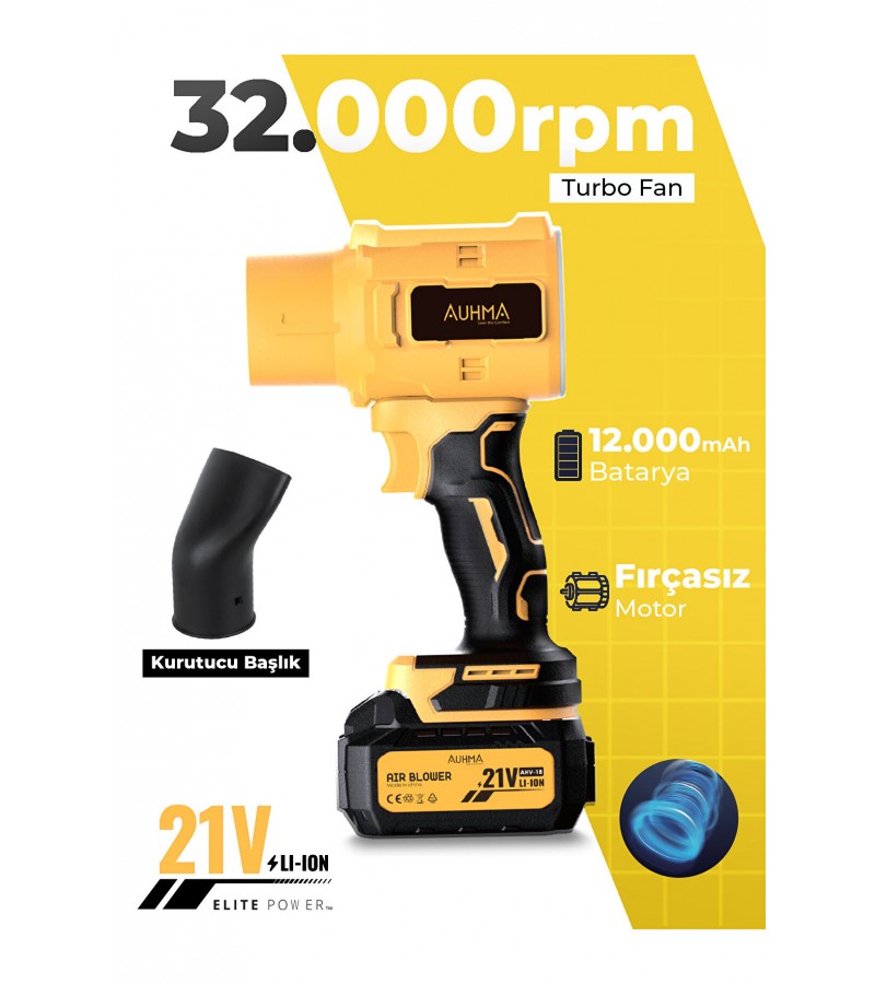 AHV-18 Şarjlı Turbo Fan Hava Üfleyici Sarı - 21V Kömürsüz Motor (Brushless) - 32.000 RPM Oto Fan Üfleme AHV-18 Şarjlı Turbo Fan Hava Üfleyici Sarı - 21V Kömürsüz Motor (Brushless) - 32.000 RPM Oto Fan Üfleme
