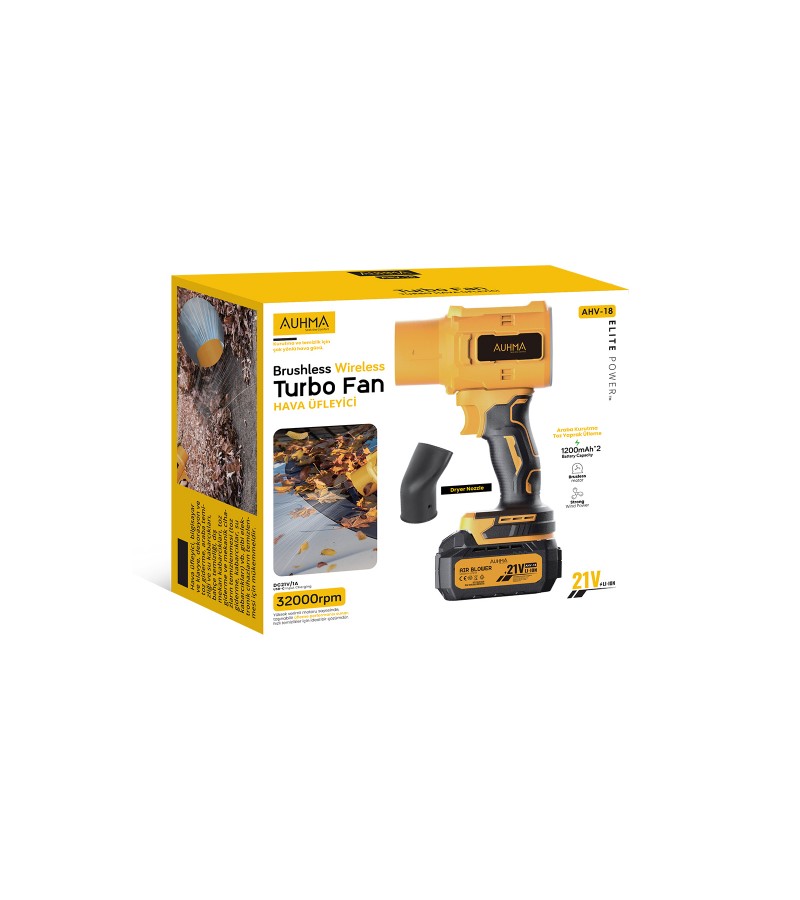 AHV-18 Şarjlı Turbo Fan Hava Üfleyici Sarı - 21V Kömürsüz Motor (Brushless) - 32.000 RPM Oto Fan Üfleme AHV-18 Şarjlı Turbo Fan Hava Üfleyici Sarı - 21V Kömürsüz Motor (Brushless) - 32.000 RPM Oto Fan Üfleme