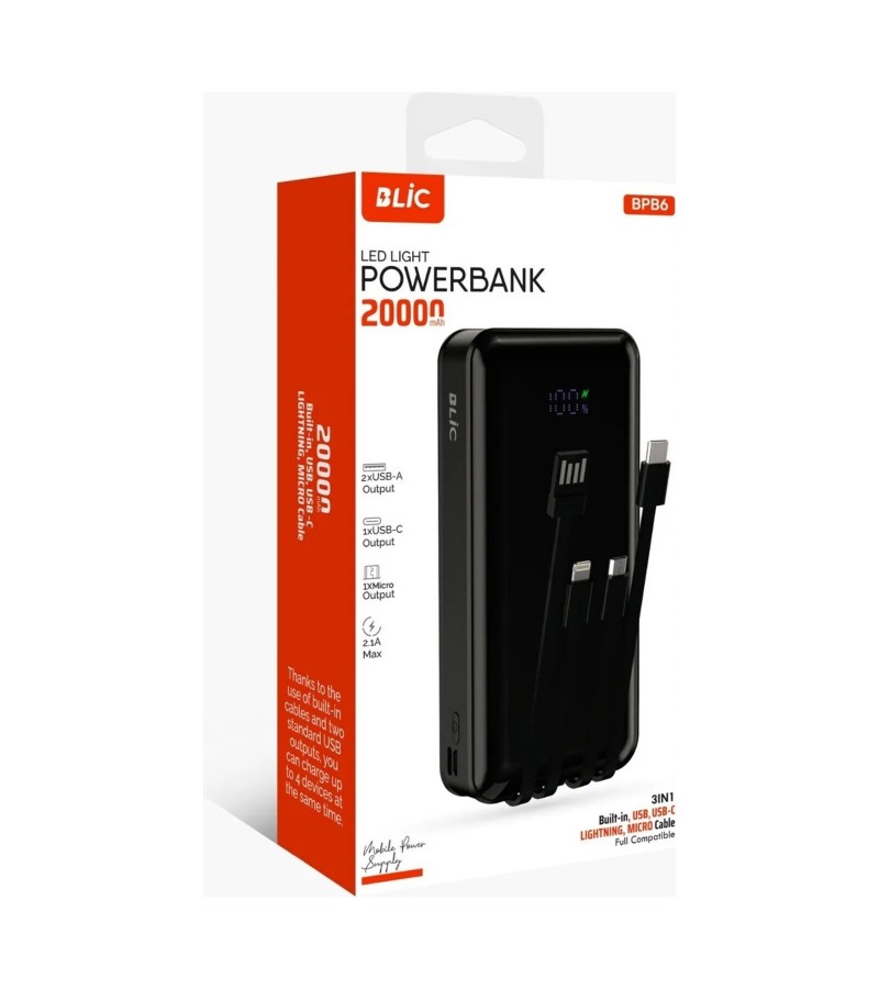 BLIC BPB6 20000 mAh Powerbank Dahili Kablolu – LED Ekranlı, 4’lü Çoklu Şarj, Type-C Lightning Micro BLIC BPB6 20000 mAh Powerbank Dahili Kablolu – LED Ekranlı, 4’lü Çoklu Şarj, Type-C Lightning Micro