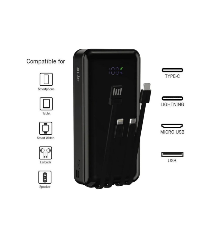 BLIC BPB6 20000 mAh Powerbank Dahili Kablolu – LED Ekranlı, 4’lü Çoklu Şarj, Type-C Lightning Micro BLIC BPB6 20000 mAh Powerbank Dahili Kablolu – LED Ekranlı, 4’lü Çoklu Şarj, Type-C Lightning Micro