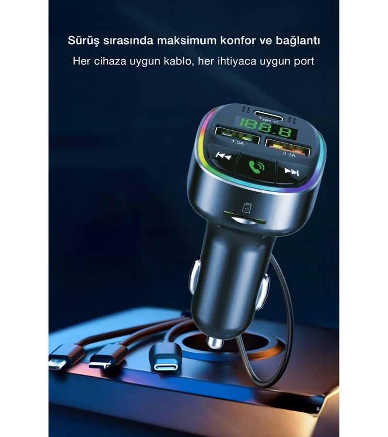 Bluetooth FM Transmitter – 3 USB Portlu Süper Hızlı Araç Şarj Cihazı Bluetooth FM Transmitter – 3 USB Portlu Süper Hızlı Araç Şarj Cihazı