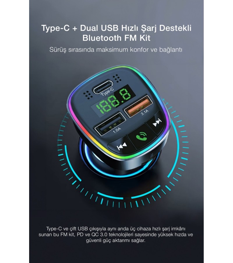 Bluetooth FM Transmitter – 3 USB Portlu Süper Hızlı Araç Şarj Cihazı Bluetooth FM Transmitter – 3 USB Portlu Süper Hızlı Araç Şarj Cihazı