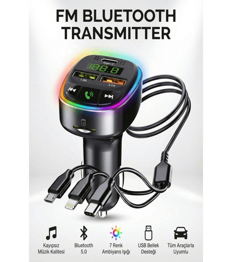 Bluetooth FM Transmitter – 3 USB Portlu Süper Hızlı Araç Şarj Cihazı Bluetooth FM Transmitter – 3 USB Portlu Süper Hızlı Araç Şarj Cihazı