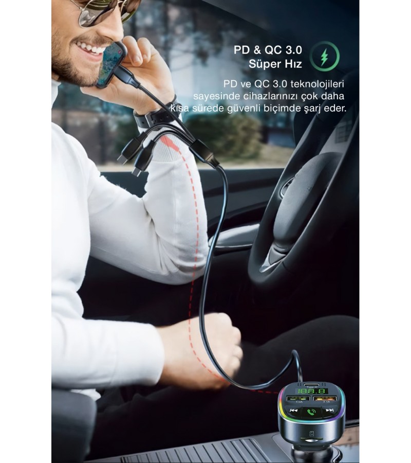 Bluetooth FM Transmitter – 3 USB Portlu Süper Hızlı Araç Şarj Cihazı Bluetooth FM Transmitter – 3 USB Portlu Süper Hızlı Araç Şarj Cihazı