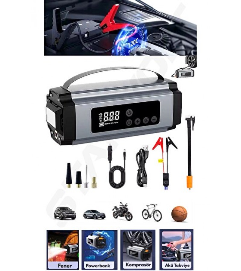 APS-04 10000mAh Akü Takviye Jump Starter + Dijital Hava Kompresörü + LED Fener APS-04 10000mAh Akü Takviye Jump Starter + Dijital Hava Kompresörü + LED Fener
