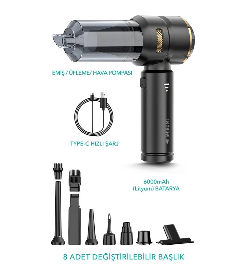 SHIBUMI Tornado 100W Şarjlı Kablosuz Araç İçi Süpürge Gerçek 16000PA Güçlü Üfleme & Vakum