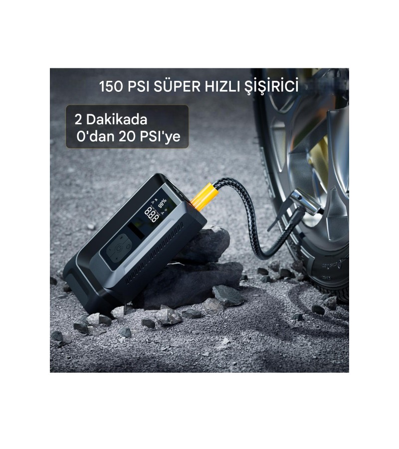 18.000 mAh Akım Korumalı Akü Takviye Cihazı ve Lastik Hava Kompresörü Uyarı Işıklı ve Powerbanklı