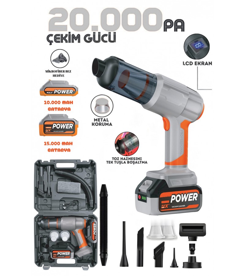 20.000pA Ultra Çekim Güçlü 25000mAh Çift Bataryalı Güçlü Vakumlu Çantalı Araç İçi Üflemeli Süpürge AHV-21