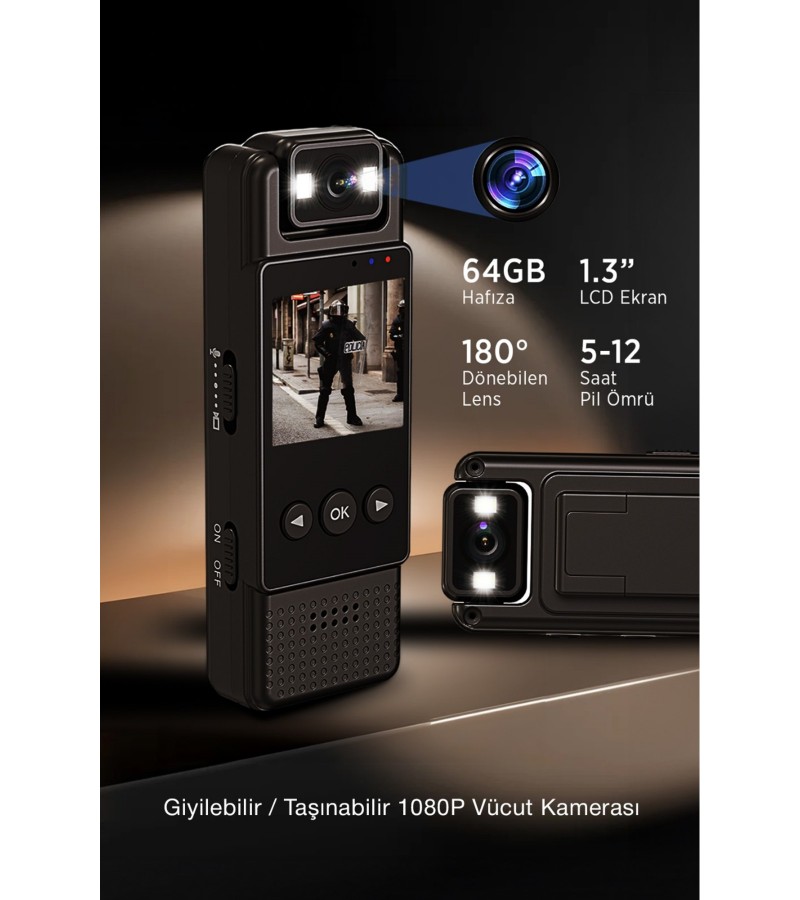 Mini Vücut Kamerası – 1080P HD Video, Fotoğraf, Ses Kaydı, Hareket Sensörü ve 180° Döner Lens - WIFI