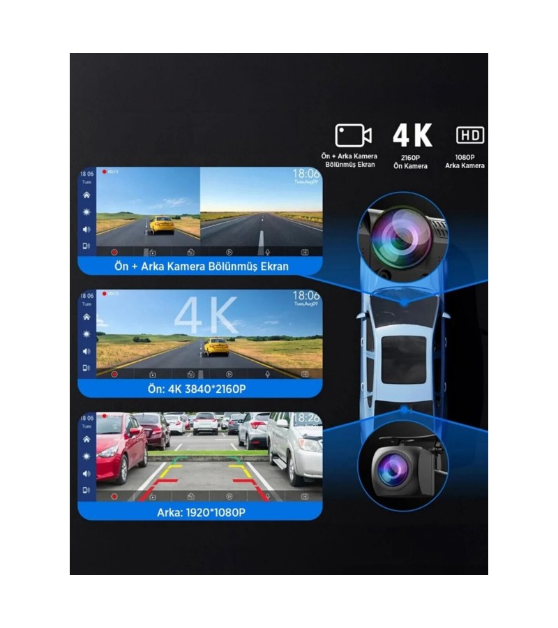 KCR-1 Kablosuz CarPlay & Android Auto Araç Kamerası |Dokunmatik Ekran | 4K Ön + 1080P Arka Kamera