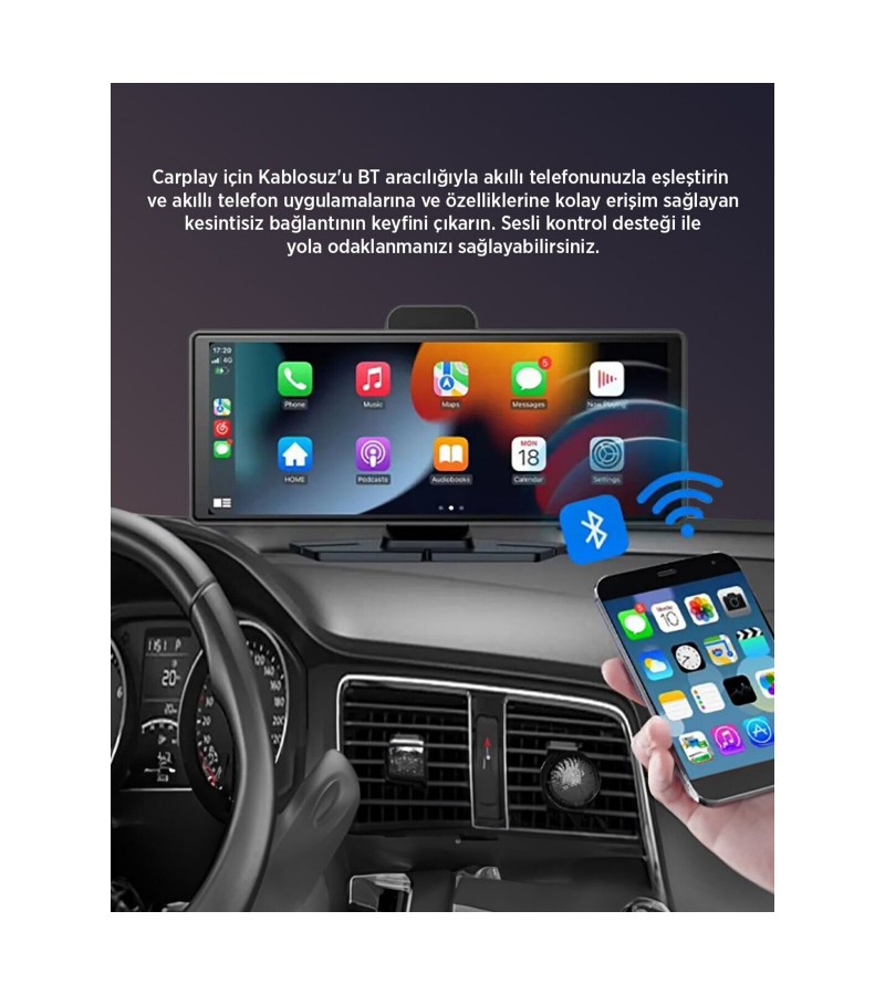 KCR-1 Kablosuz CarPlay & Android Auto Araç Kamerası |Dokunmatik Ekran | 4K Ön + 1080P Arka Kamera
