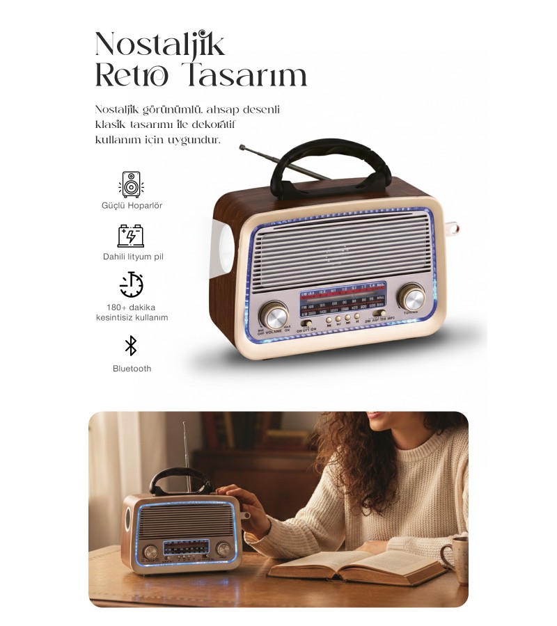 Bluetooth Nostaljik Speaker FM/AM/SW Radyo Şarj Edilebilir Aydınlatmalı Retro Hoparlör