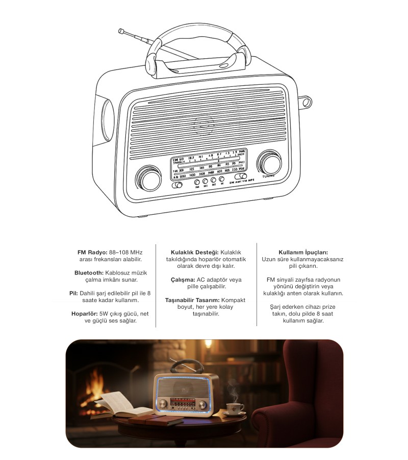 Bluetooth Nostaljik Speaker FM/AM/SW Radyo Şarj Edilebilir Aydınlatmalı Retro Hoparlör