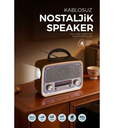 Bluetooth Nostaljik Speaker FM/AM/SW Radyo Şarj Edilebilir Aydınlatmalı Retro Hoparlör