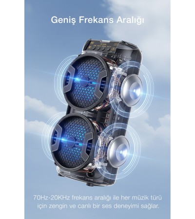 Bluetooth LED Işıklı Taşınabilir Hoparlör – Çift 3” Subwoofer, 20W Güçlü Bass, FM/USB/TF/AUX