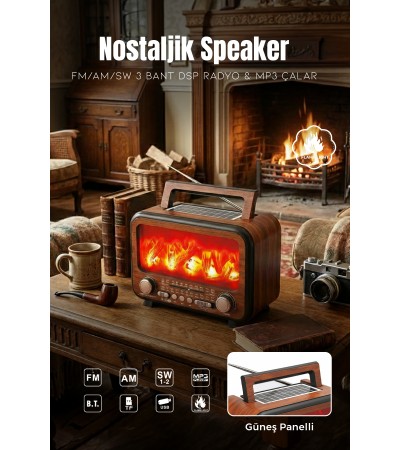 Güneş Enerjili Nostaljik Alev Efektli Şömine Tasarım Bluetooth Hoparlör Radyo
