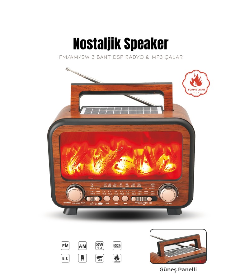 Güneş Enerjili Nostaljik Alev Efektli Şömine Tasarım Bluetooth Hoparlör Radyo