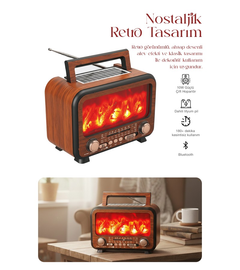 Güneş Enerjili Nostaljik Alev Efektli Şömine Tasarım Bluetooth Hoparlör Radyo