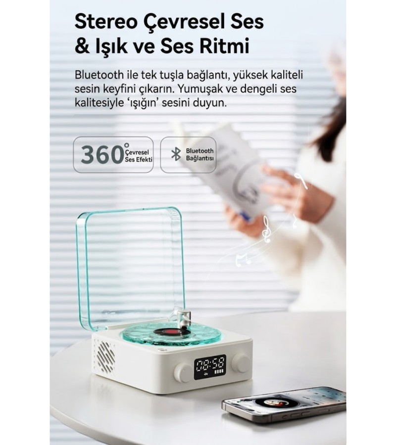 aves Nostalji Plak Çalar Bluetooth Subwoofer 3D Ses Dalgası Retro Müzik Plak Çalar beyaz