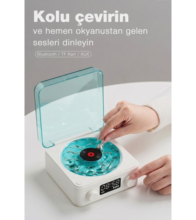 aves Nostalji Plak Çalar Bluetooth Subwoofer 3D Ses Dalgası Retro Müzik Plak Çalar beyaz