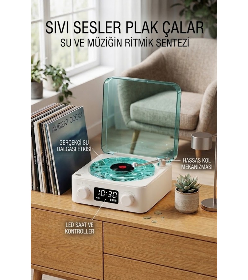 aves Nostalji Plak Çalar Bluetooth Subwoofer 3D Ses Dalgası Retro Müzik Plak Çalar beyaz