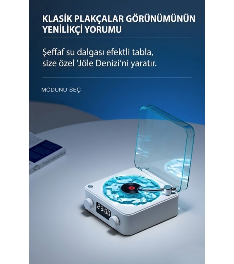 aves Nostalji Plak Çalar Bluetooth Subwoofer 3D Ses Dalgası Retro Müzik Plak Çalar beyaz