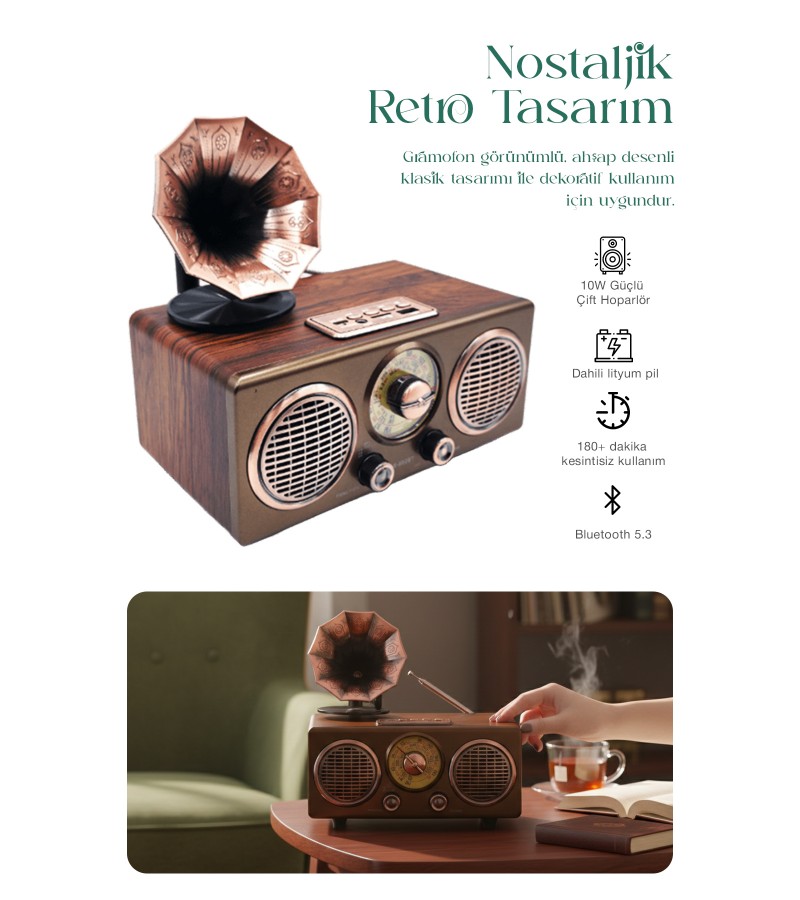 Gramofon Tasarım Ahşap Görünümlü Bluetooth Nostaljik Retro Radyo USB TF AUX Hoparlör Gramofon Tasarım Ahşap Görünümlü Bluetooth Nostaljik Retro Radyo USB TF AUX Hoparlör