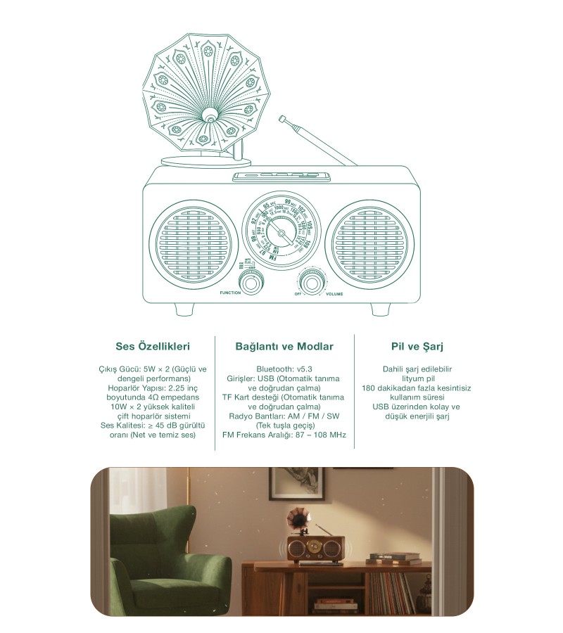 Gramofon Tasarım Ahşap Görünümlü Bluetooth Nostaljik Retro Radyo USB TF AUX Hoparlör Gramofon Tasarım Ahşap Görünümlü Bluetooth Nostaljik Retro Radyo USB TF AUX Hoparlör