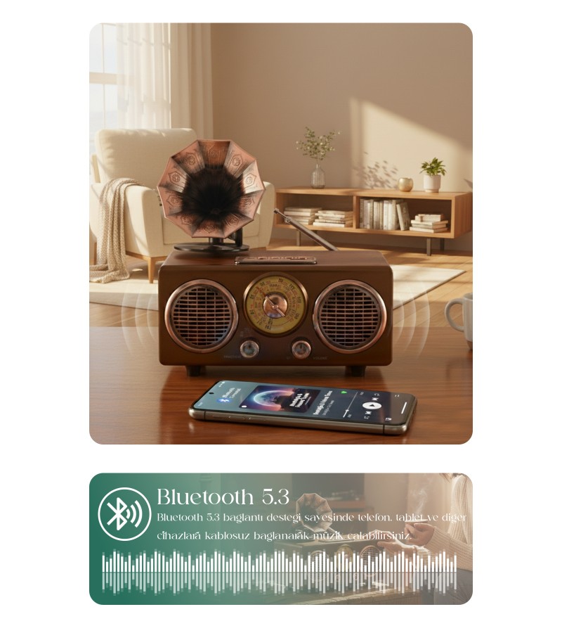 Gramofon Tasarım Ahşap Görünümlü Bluetooth Nostaljik Retro Radyo USB TF AUX Hoparlör Gramofon Tasarım Ahşap Görünümlü Bluetooth Nostaljik Retro Radyo USB TF AUX Hoparlör