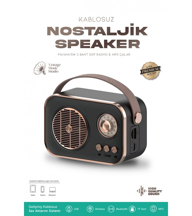 Nostaljik Retro Bluetooth Hoparlör - Şarjlı, USB, SD kart Taşınabilir Speaker FM/AM/SW 3 Bant Radyo