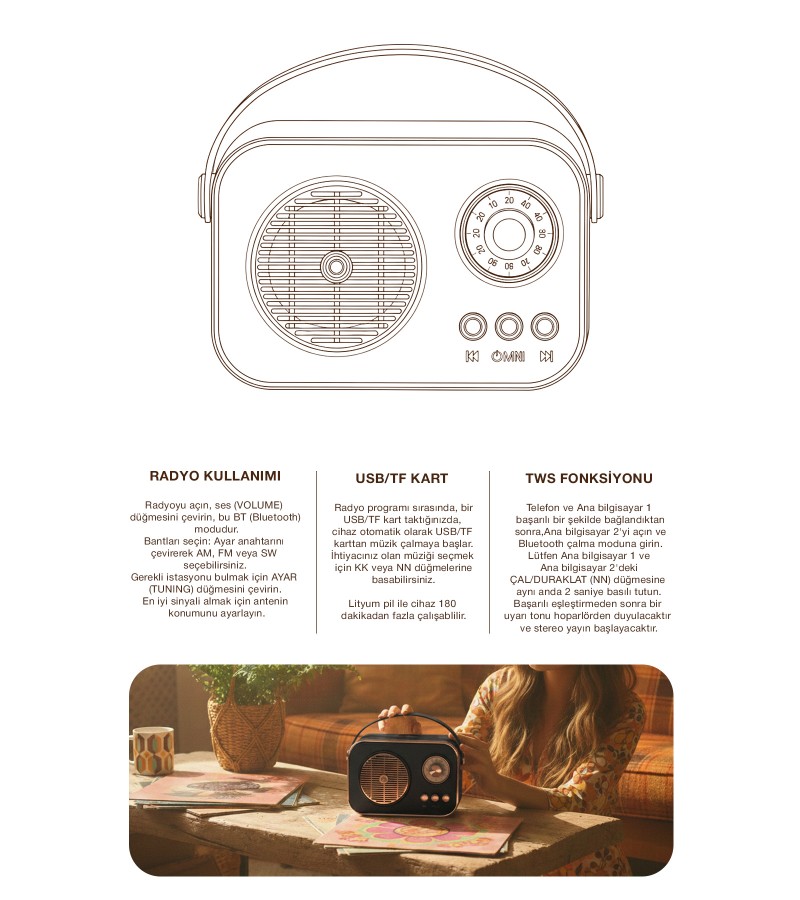 Nostaljik Retro Bluetooth Hoparlör - Şarjlı, USB, SD kart Taşınabilir Speaker FM/AM/SW 3 Bant Radyo