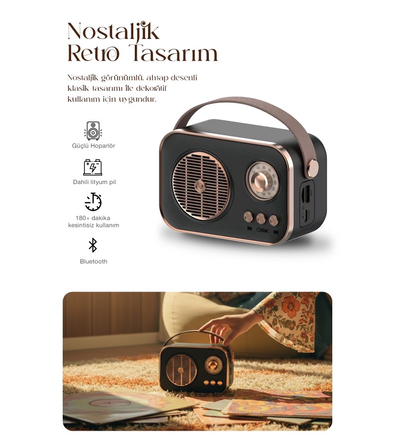 Nostaljik Retro Bluetooth Hoparlör - Şarjlı, USB, SD kart Taşınabilir Speaker FM/AM/SW 3 Bant Radyo
