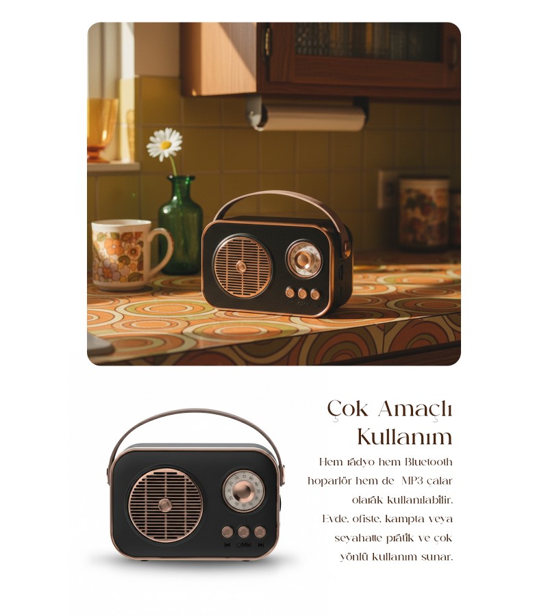 Nostaljik Retro Bluetooth Hoparlör - Şarjlı, USB, SD kart Taşınabilir Speaker FM/AM/SW 3 Bant Radyo