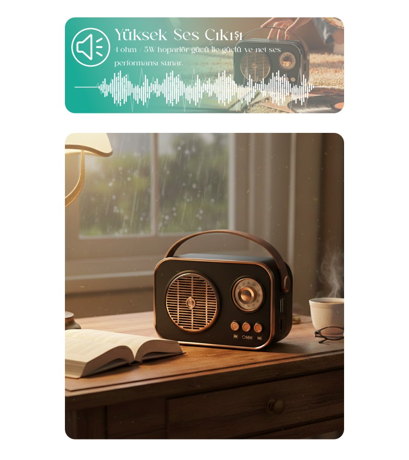 Nostaljik Retro Bluetooth Hoparlör - Şarjlı, USB, SD kart Taşınabilir Speaker FM/AM/SW 3 Bant Radyo