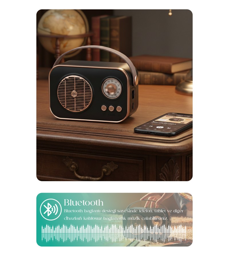 Nostaljik Retro Bluetooth Hoparlör - Şarjlı, USB, SD kart Taşınabilir Speaker FM/AM/SW 3 Bant Radyo