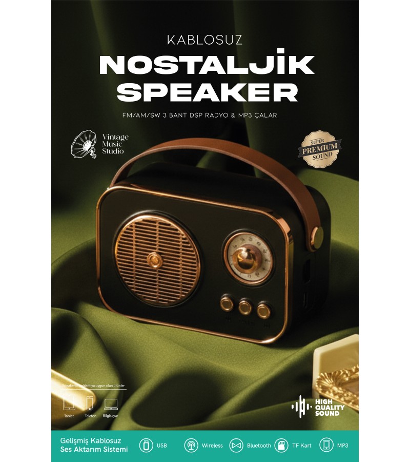 Nostaljik Retro Bluetooth Hoparlör - Şarjlı, USB, SD kart Taşınabilir Speaker FM/AM/SW 3 Bant Radyo