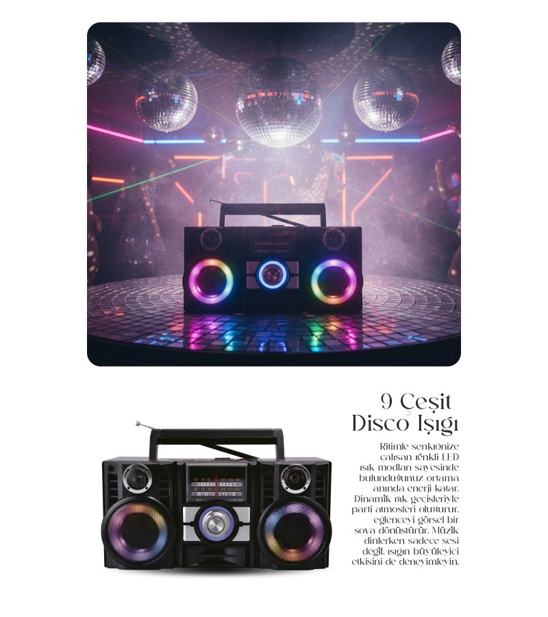Radyo & RGB LED Disko Işıklı Nostaljik Bluetooth Özellikli Hoparlör 4 Bantlı Şarj Edilebilir Speaker Radyo & RGB LED Disko Işıklı Nostaljik Bluetooth Özellikli Hoparlör 4 Bantlı Şarj Edilebilir Speaker