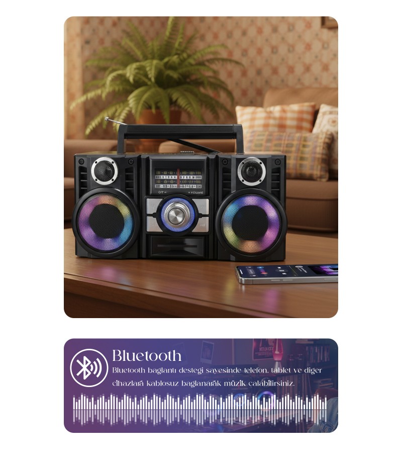 Radyo & RGB LED Disko Işıklı Nostaljik Bluetooth Özellikli Hoparlör 4 Bantlı Şarj Edilebilir Speaker Radyo & RGB LED Disko Işıklı Nostaljik Bluetooth Özellikli Hoparlör 4 Bantlı Şarj Edilebilir Speaker