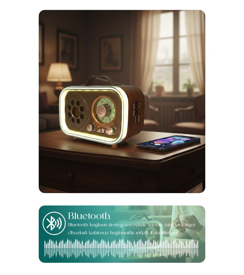 Renkli Aydınlatmalı Taşınabilir Nostaljik Bluetooth Hoparlör| USB TF AUX FM/AM/SW Radyo Renkli Aydınlatmalı Taşınabilir Nostaljik Bluetooth Hoparlör| USB TF AUX FM/AM/SW Radyo