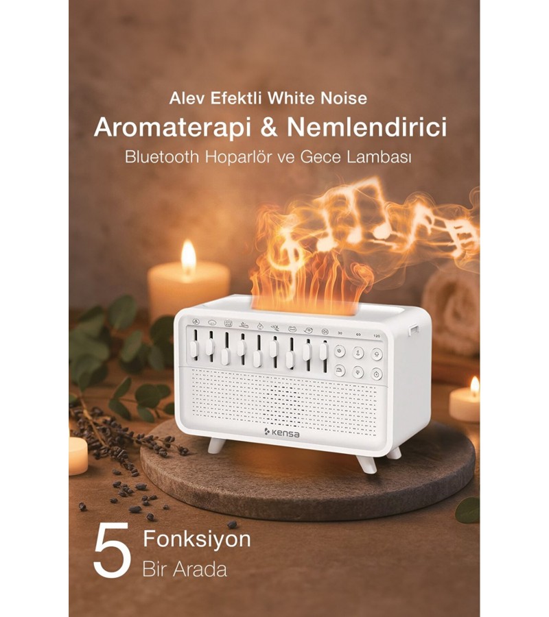 Alev Efektli White Noise Aromaterapi Hava Nemlendirici – Bluetooth Hoparlörlü 200 mL Difüzör