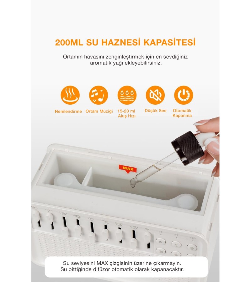 Alev Efektli White Noise Aromaterapi Hava Nemlendirici – Bluetooth Hoparlörlü 200 mL Difüzör