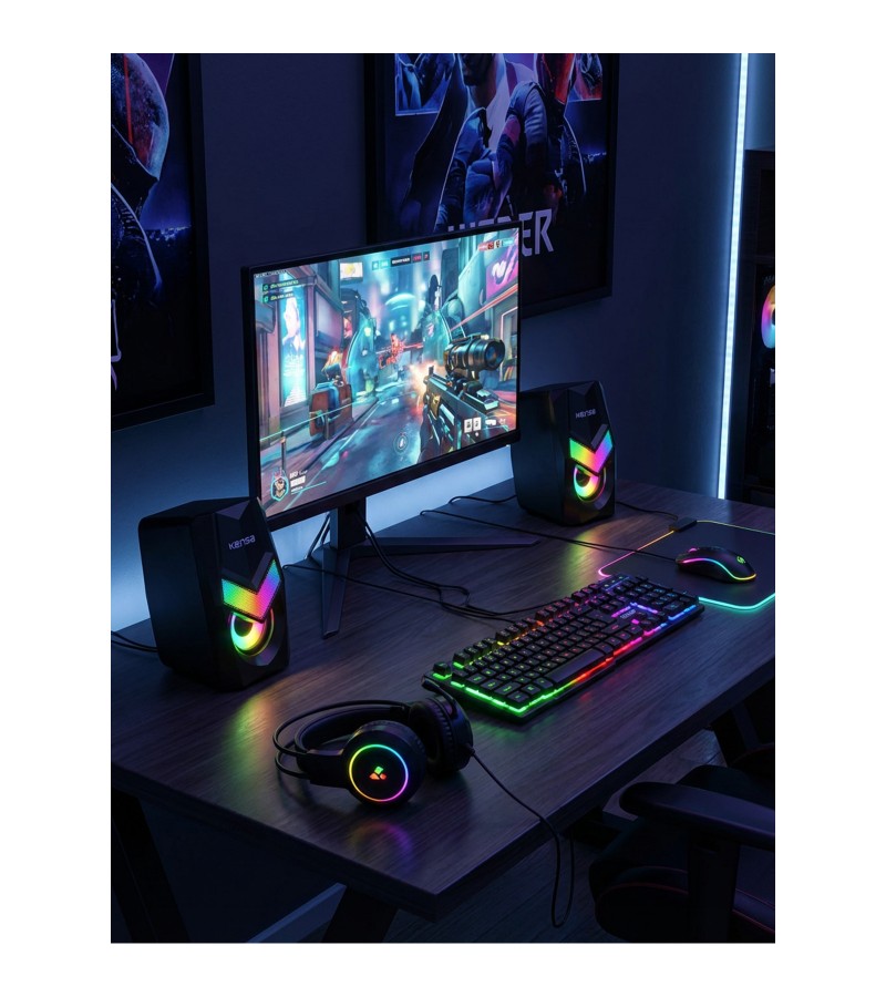 RGB Işıklı Masaüstü USB Hoparlör – 6W Stereo Ses, 1000 mAh Şarjlı, Bilgisayar & Laptop Uyumlu