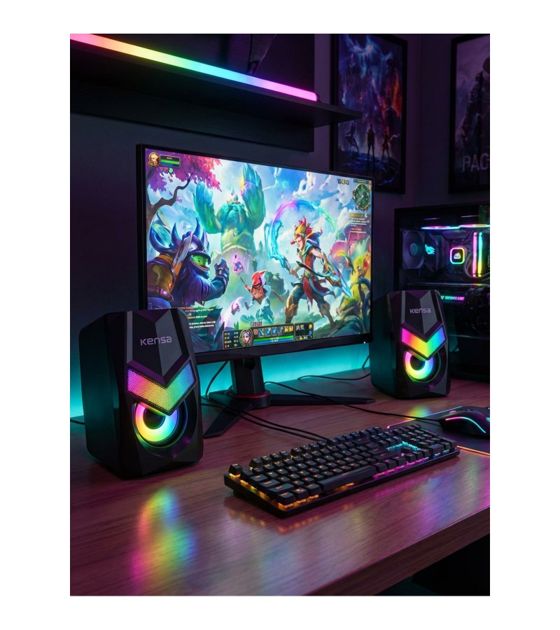 RGB Işıklı Masaüstü USB Hoparlör – 6W Stereo Ses, 1000 mAh Şarjlı, Bilgisayar & Laptop Uyumlu