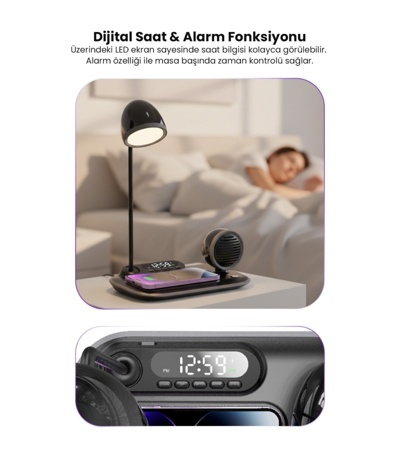 4-in-1 Kablosuz Şarj Standı – iPhone & Android Uyumlu, Siyah Masa Lambası ve Bluetooth Hoparlörlü 4-in-1 Kablosuz Şarj Standı – iPhone & Android Uyumlu, Siyah Masa Lambası ve Bluetooth Hoparlörlü